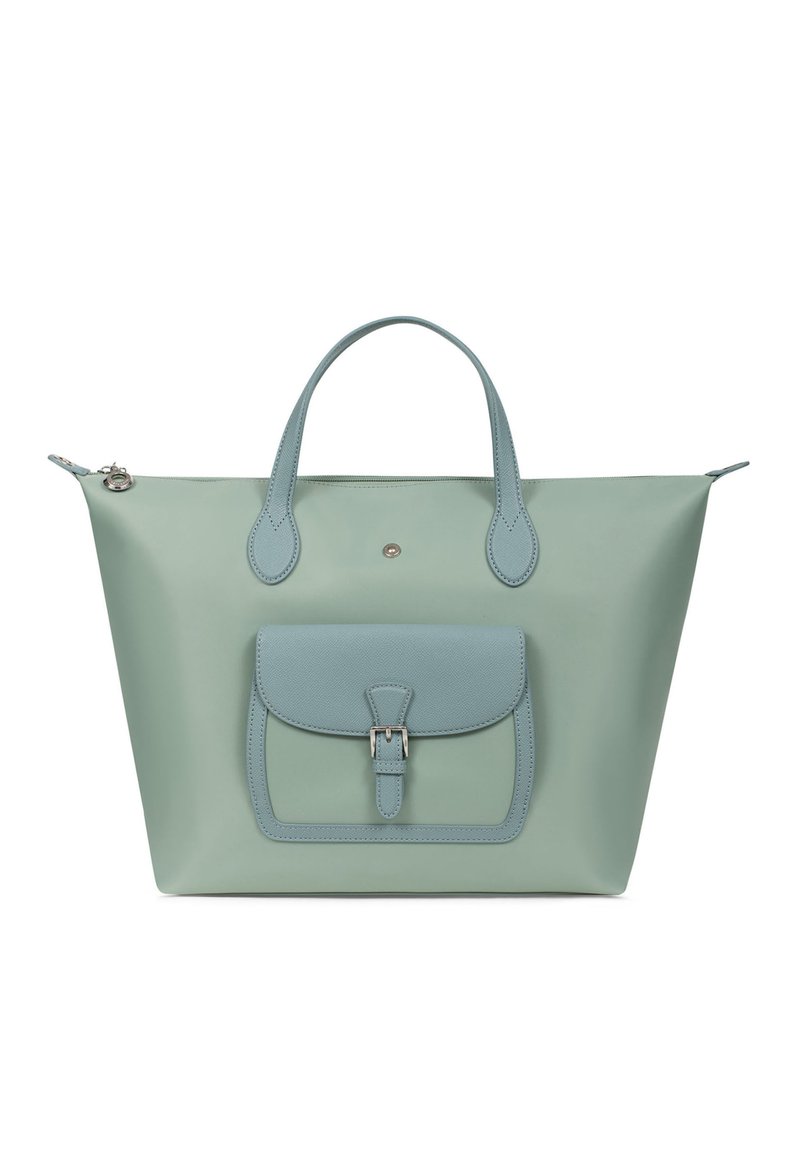 Borsa tote verde menta con manici azzurri chiari e tasca frontale con una fibbia argento, esposta su uno sfondo bianco.