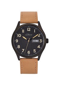 Schwarze strukturierte Ziffernblatt-Uhr mit goldenen Stundenmarkierungen, schwarzem Gehäuse und hellbraunem Lederarmband, ausgestattet mit einer Datumsanzeige für Monat und Tag.