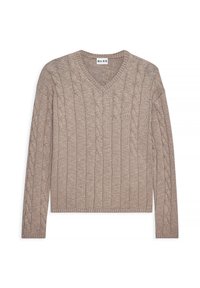 Bežinis megztinis su kabelių raštu, V formos iškirpte ir ilgomis rankovėmis. Savybės: banguota apykaklė ir struktūruotas raštas. Pagamintas iš minkštos, pralaidžios medžiagos.