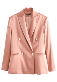 Blazer double boutonné rose clair en tissu lisse, avec des boutons dorés, deux poches avant et des revers.