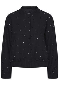 Svart bomberjacka med rund krage, elastiska muddar, två framfickor och spridda metalliska detaljer.