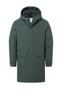 Green waterproof jacket with a hood, featuring a front zipper, two side pockets, and a simple, straight-cut design. Soft interior lining.
