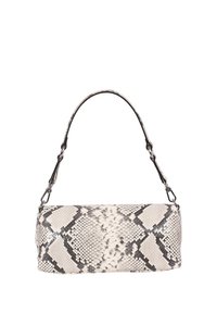 Snake-patterned handbag in white and gray, rectangular shape, featuring a single strap with metallic accents and textured finish.