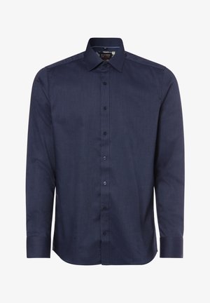Chemise pour homme à manches longues avec boutons, en bleu marine foncé, dotée d'un col classique et de poignets à bouton unique.