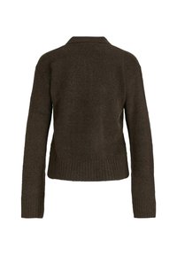 Gilet en tricot marron avec un col et un ourlet côtelé. Il possède des manches longues et un tissu texturé, mettant en avant un design confortable.