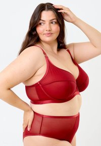 Punainen verkkoliivi ja siihen sopivat korkeavyötäröiset alushousut, joissa on sileä reuna. Varustettu säädettävillä harteilla ja pehmeällä, läpikuultavalla pinnalla.