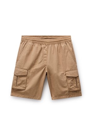 Khaki cargoshorts met een elastische tailleband, twee zijvakken en twee cargovakken aan de zijkant. Gemaakt van lichte, gestructureerde stof.