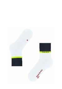 Calze sportive bianche con polsini blu navy, caratterizzate da una striscia gialla fluo. Il marchio "FALKE" è stampato sul polsino con colori abbinati.