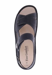 Schwarze Ledersandale mit Kreuzriemen, grauen Nähten und einer runden Schnalle. Verfügt über eine gepolsterte Sohle und ein helles Fußbett.