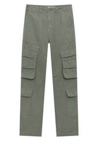 Pantalons cargo verts en coton avec une coupe droite, dotés de plusieurs poches latérales et d'une fermeture à bouton. Texture lisse, design léger.