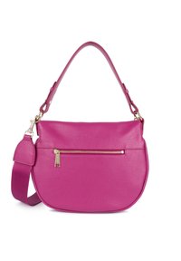 Borsa a spalla in pelle rosa con finitura testurizzata, tasca con zip sul davanti e tracolla regolabile. Forma circolare con un design solido.