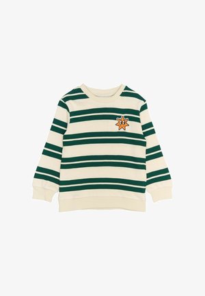 Sweatshirt rayé en crème et vert, avec un patch en forme d'étoile orange sur la poitrine. Tissu doux, col rond et poignets côtelés.