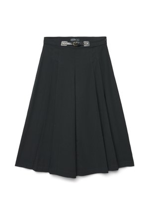 Jupe plissée noire avec une taille haute, dotée d'une fermeture à boucle métallique et de passants pour ceinture. Confectionnée dans un tissu lisse avec une forme structurée.