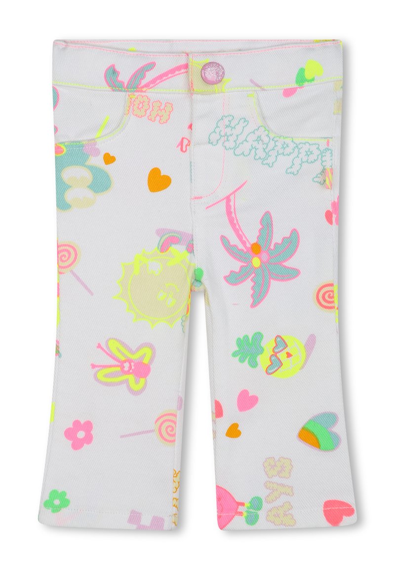 Pantaloni in denim bianco con motivi colorati e giocosi che includono cuori, fiori e simboli del sole. Presentano una chiusura con bottone e tasche posteriori.