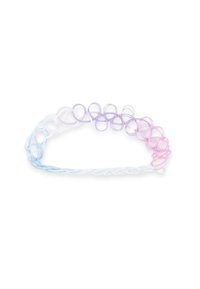Un bandeau multicolore présentant un design en boucles avec des dégradés de blanc, bleu clair, lavande et rose. Fabriqué en matériau flexible.
