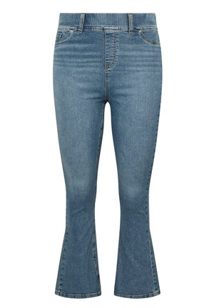 Jean en denim bleu taille haute avec légère évasement au bas, poches avant et détails subtils de froissement sur les cuisses.