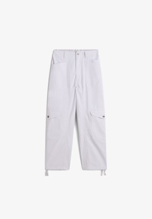 Light gray cargo pants with an elastic waistband, two front pockets, and cinched hems for adjustable fit. Made from a lightweight fabric.