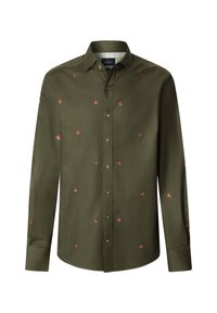 Olijfgroene blouse met lange mouwen, knopen en kleine rode geborduurde vogelpatronen, en een klassieke kraag.