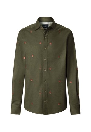 Olijfgroene blouse met lange mouwen, knopen en kleine rode geborduurde vogelpatronen, en een klassieke kraag.