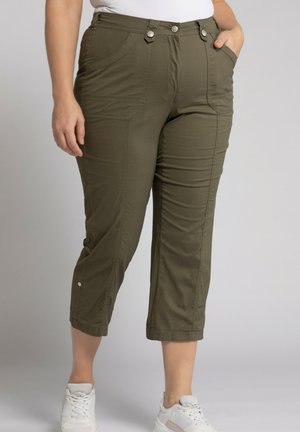 Olive green cropped pants featuring dual button closure, front pockets, and textured fabric with stitching details.