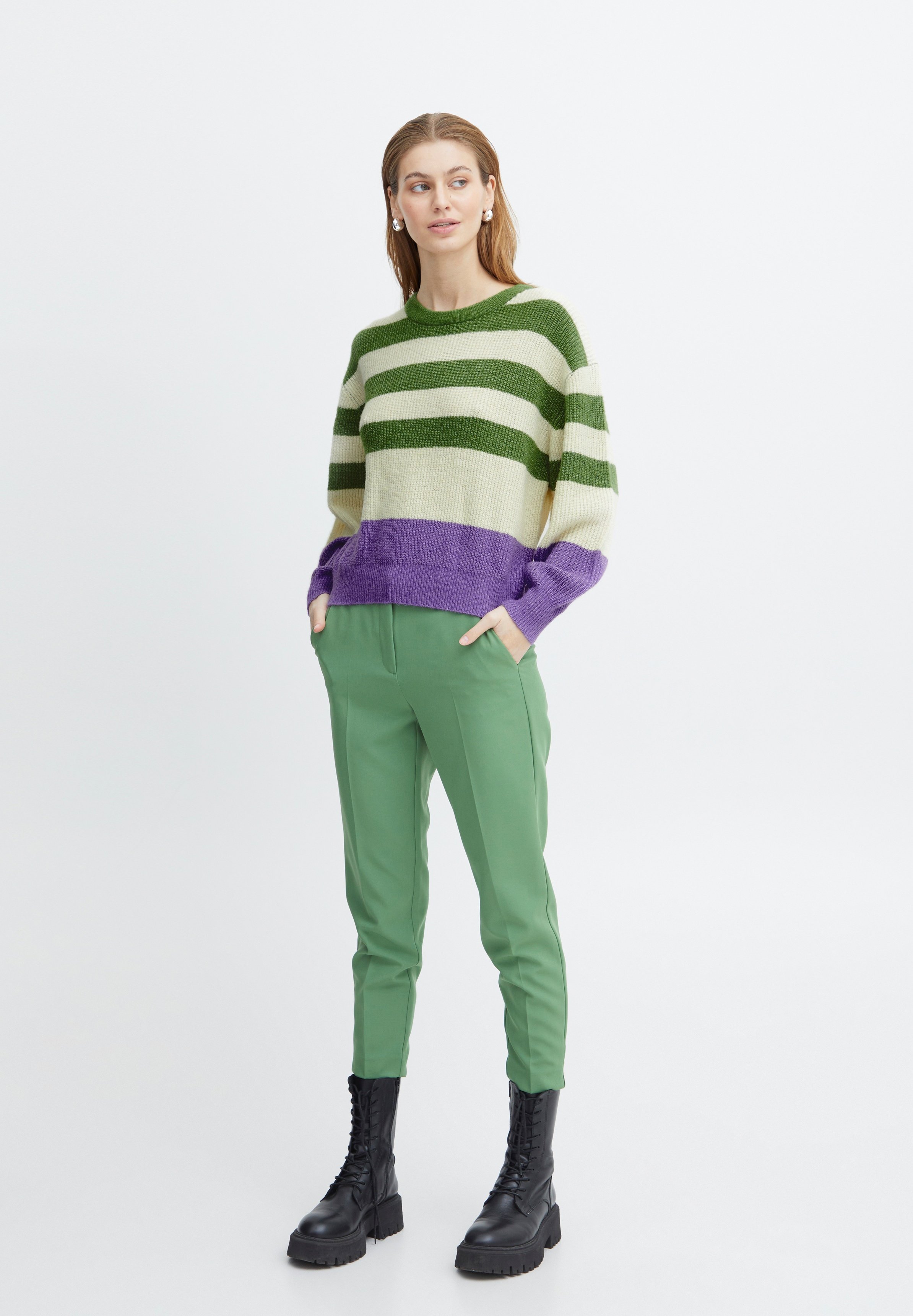 売れ筋商品|||イチ ニット&セーター レディース アウター IHDUSTY - Jumper - chive blossom COTTON CREWNECK DISTRESSED KNIT PULLOVER(S Khaki): Vintage
