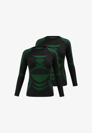 Black long-sleeve shirts featuring textured green patterns in a geometric design, with a rounded neckline and fitted style.
