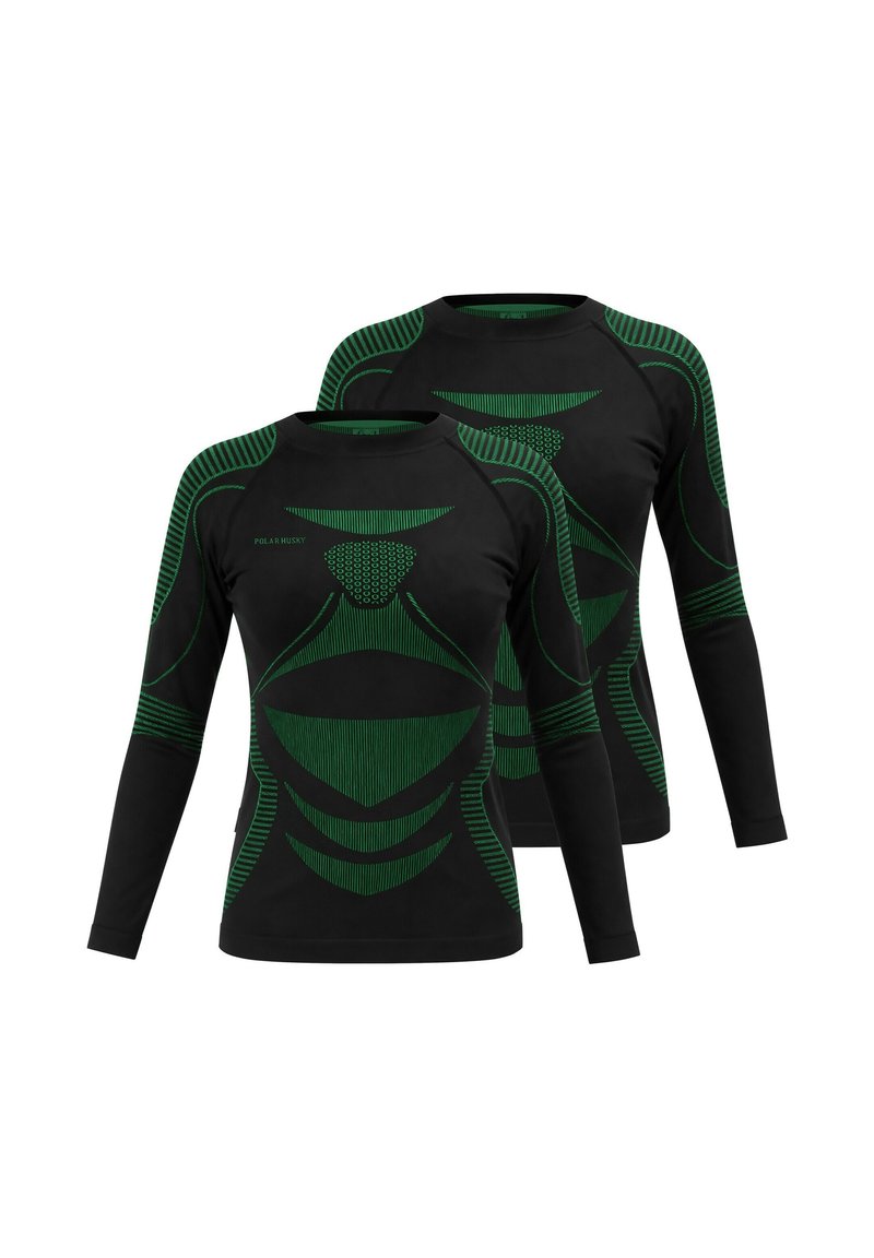 Black long-sleeve shirts featuring textured green patterns in a geometric design, with a rounded neckline and fitted style.