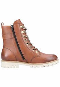 Brązowe skórzane botki za kostkę z zapięciem na sznurowadła, bocznym zamkiem błyskawicznym, złotymi akcentami oraz teksturowaną podeszwą. Posiadają detale w postaci przeszyć oraz wzmocnioną piętę.