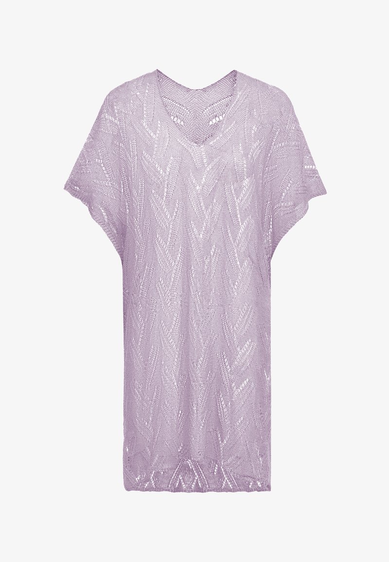 Top tricotat cu mânecă scurtă de culoare lavandă, cu decolteu în V, având un model dantelat, texturat și o croială lejeri, confortabilă.