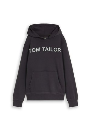 Schwarzer Hoodie mit Fronttasche und "TOM TAILOR" Text in Hellgrau über der Brust, dargestellt vor weißem Hintergrund.
