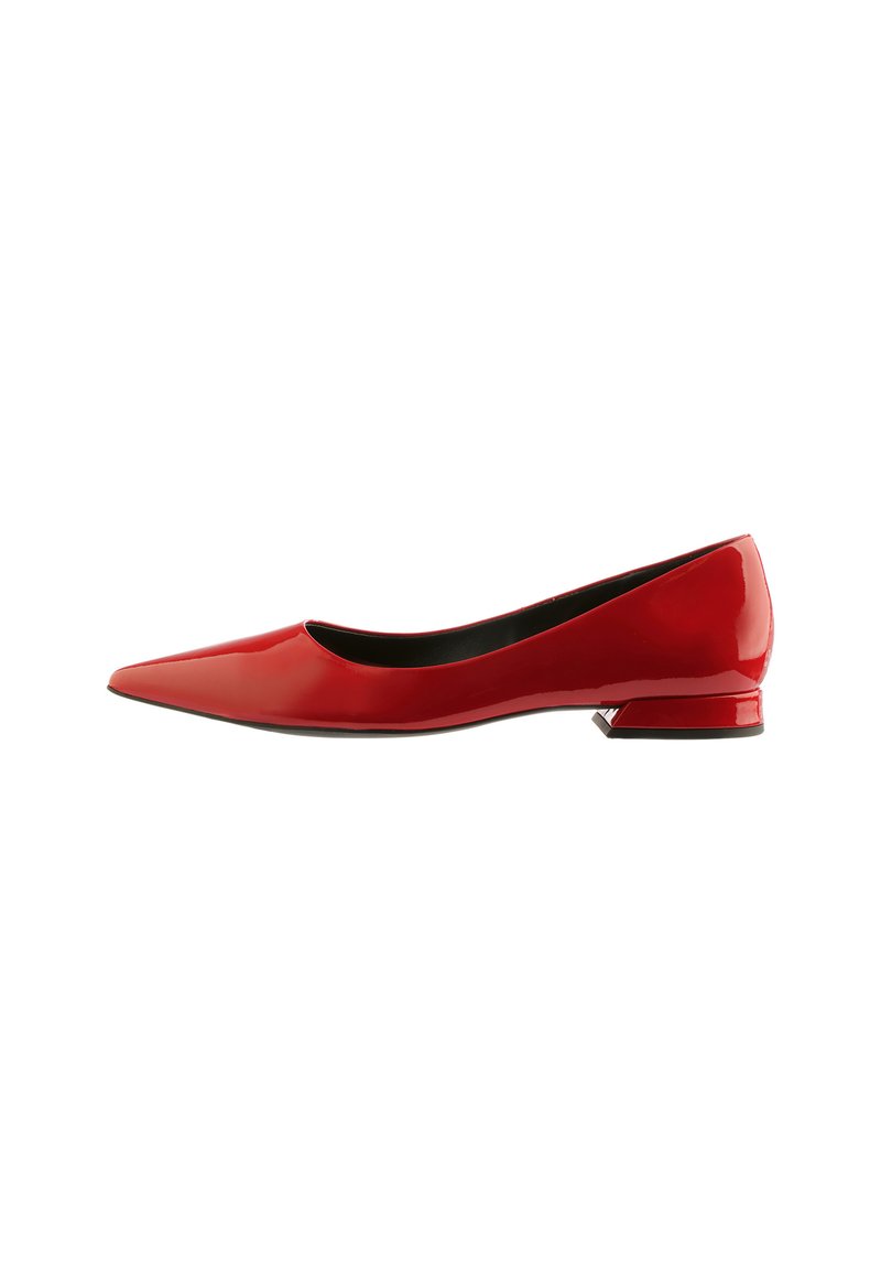 Red patent leather ballet flat with a pointed toe and low, block heel. Smooth finish, sleek design, and rounded edges.