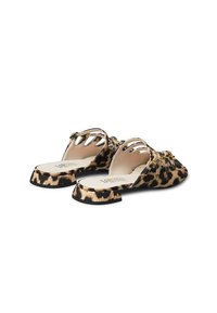 Leopard-print open-back mules with a low block heel, featuring a gathered front design and thin straps. Smooth material and neutral in tone.