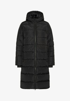 Melns pūkains mētelis ar kapuci, ar quilted sekcijām, priekšējo rāvējslēdzēju, sānu kabatām un ribotām piedurknēm, lai nodrošinātu siltumu un komfortu.