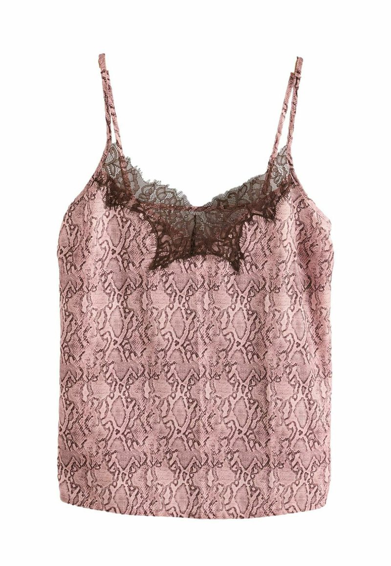 Top en camisole mauve avec des bordures en dentelle, arborant un motif en relief de peau de serpent, doté de fines bretelles réglables et d'un délicat col en dentelle marron.