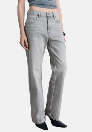 Light gray denim jeans with a loose straight-leg design, featuring five pockets and subtle fading for a textured appearance.