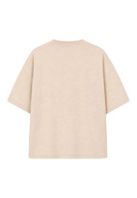 T-shirt oversize beige à manches courtes avec col rond, montré de dos sur fond blanc.
