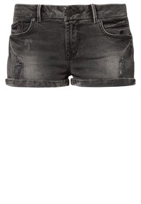 Zwarte spijkerbroek shorts met een versleten afwerking, voorzien van opgerolde hemden, vijf zakken en een knoopsluiting aan de voorkant.