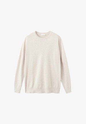 Maglione color beige chiaro realizzato in morbido tessuto a maglia. Presenta un collo rotondo, maniche lunghe, polsini a coste e orlo a coste per una texture aggiuntiva.