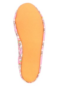 Rosa, gepolsterte Innensohle mit einer weichen, orangefarbenen Basis; verfügt über ein Oberflächenmuster mit Cartoon-Einhörnern und Regenbögen. Die Ränder sind abgerundet.