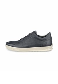 Szare skórzane sneakersy o gładkim wykończeniu, zakrzywionej sylwetce, kontrastowej białej gumowej podeszwie oraz minimalistycznym wzorze sznurowania.
