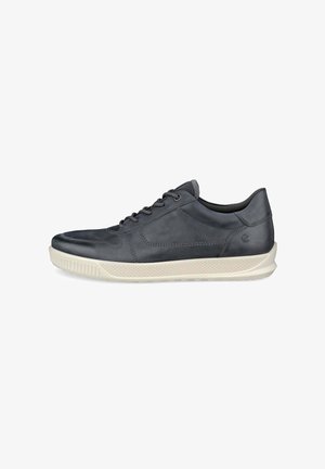 Szare skórzane sneakersy o gładkim wykończeniu, zakrzywionej sylwetce, kontrastowej białej gumowej podeszwie oraz minimalistycznym wzorze sznurowania.