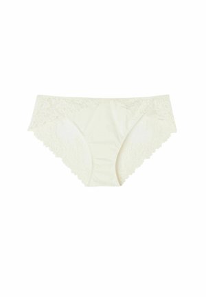 Ivoren vrouwenonderbroek met kantafwerking van zachte, gladde stof. Met delicate bloemen kant en golvende randen voor extra detail.