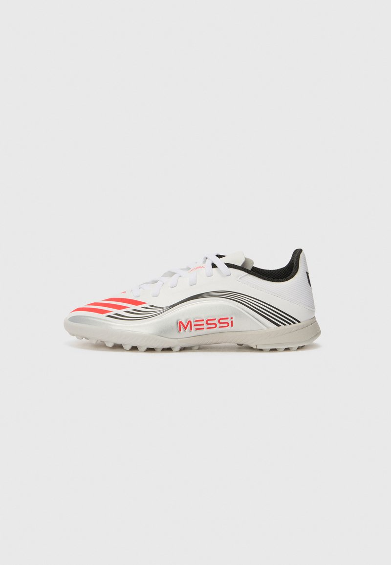 White soccer cleat with red stripes and black accents. Features a shiny silver detailing and "MESSi" branding on the side.