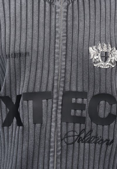 Γκρι ζακέτα με φερμουάρ και ριγέ ύφασμα, με μαύρα έντονα γράμματα "XTEC" και ένα λεπτομερές έμβλημα με παλαιό σήμα στη θωρακική περιοχή.