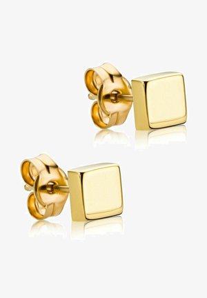 Gouden stud earrings met een vierkant ontwerp, gepolijste oppervlakte en vlinder achterkant, met een gladde textuur en strakke lijnen.