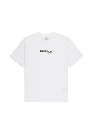 T-shirt blanc à manches courtes avec un petit logo texte multicolore en style bloc centré sur la poitrine.