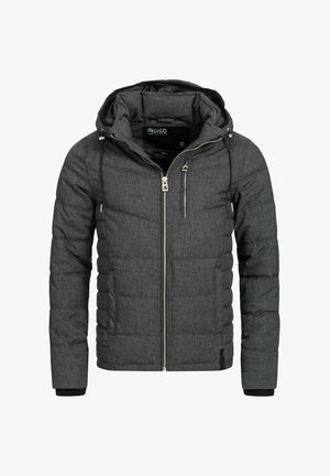 Vuorattu takki tummanharmaasta kankaasta, jossa on vetoketjukiinnitys, säädettävä huppu ja ribbikudotut hihansuut. Takissa on rintatasku ja tikattu suunnittelu.