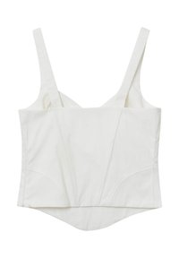 Top bianco senza maniche, corto, con spalline larghe, cuciture strutturate e un leggero orlo asimmetrico.