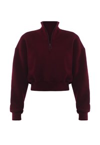 Burgundowa cropped bluza z wysokim kołnierzem, pół-zamkiem i prążkowanymi mankietami. Miękka tekstura i luźny krój, idealne do warstwowego noszenia.