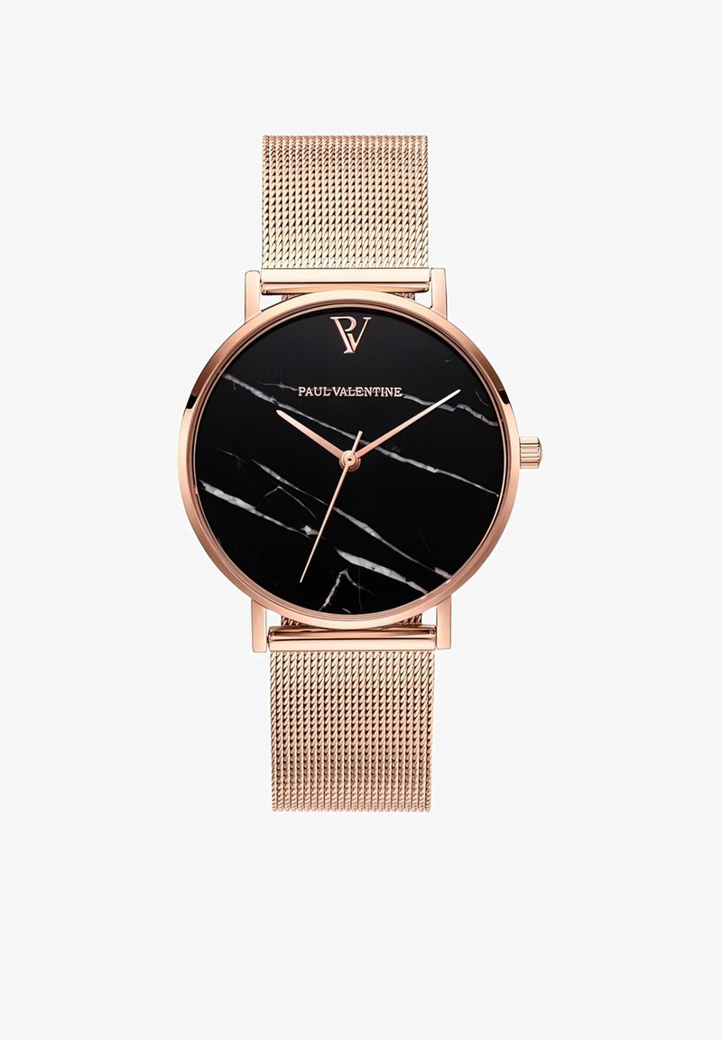 Round watch with a black marble-like dial, rose gold accents, and a fine mesh strap. Features white streaks and minimalist hour markers.